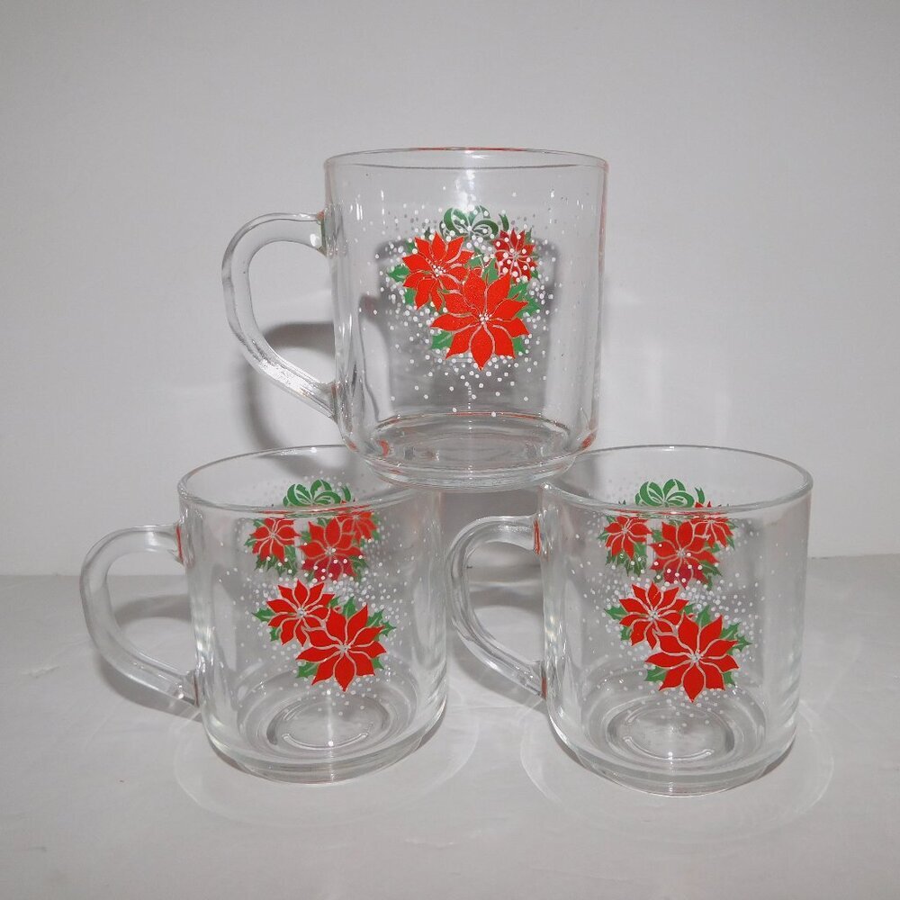 VTG Luminarc Christmas Cheer Poinsettia Glass Coffee Tea Eggnog Mug Set 3